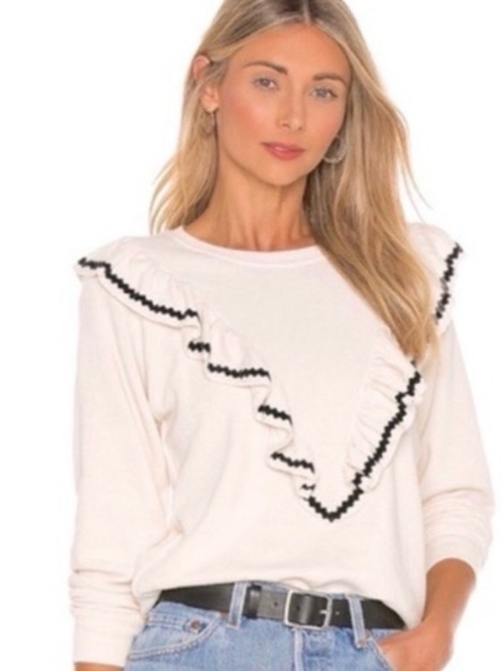 THE GREAT. Cream Ruffle-Trim Sweatshirt with Black Accents